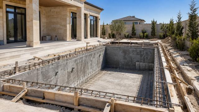 Abşeronda villa həyətində tikilən hovuzun dəmir-beton çanağı