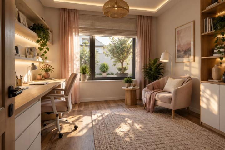 Skandinav üslubunda kabinet (həyət evi, axşamüstü işıq) — Standart təmir paketi, dizayn vizuallaşdırması