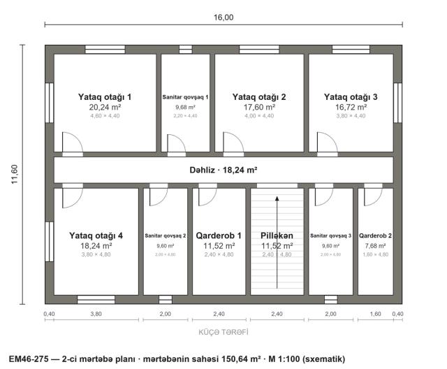 EM46-275 layihəsinin 2-ci mərtəbə planı — 4 yataq otağı