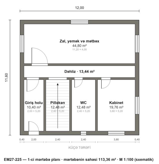 EM27-225 layihəsinin 1-ci mərtəbə planı — 113,36 m²