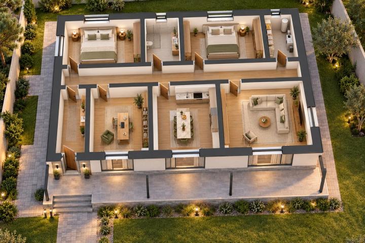 BM83-141 layihəsinin 3D kəsik planı — mebelli otaqlar, vizuallaşdırma