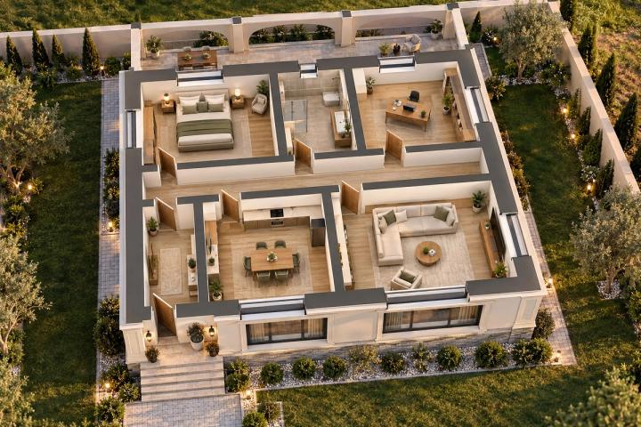 BK21-104 layihəsinin 3D kəsik planı — mebelli otaqlar, vizuallaşdırma