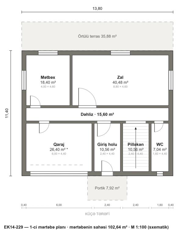 EK14-229 layihəsinin 1-ci mərtəbə planı — 102,64 m²