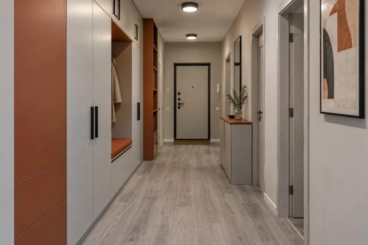Modern üslubunda giriş holu (köhnə planlı mənzil, gündüz işığı) — Ekonom təmir paketi, dizayn vizuallaşdırması