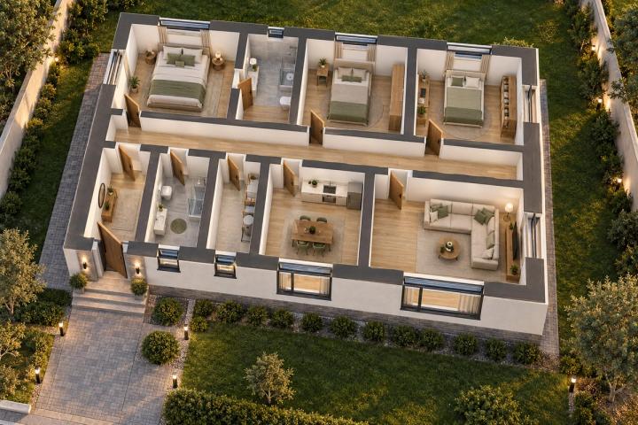 BM08-121 layihəsinin 3D kəsik planı — mebelli otaqlar, vizuallaşdırma