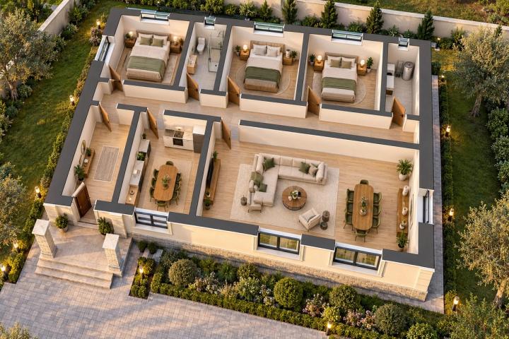 BK60-173 layihəsinin 3D kəsik planı — mebelli otaqlar, vizuallaşdırma