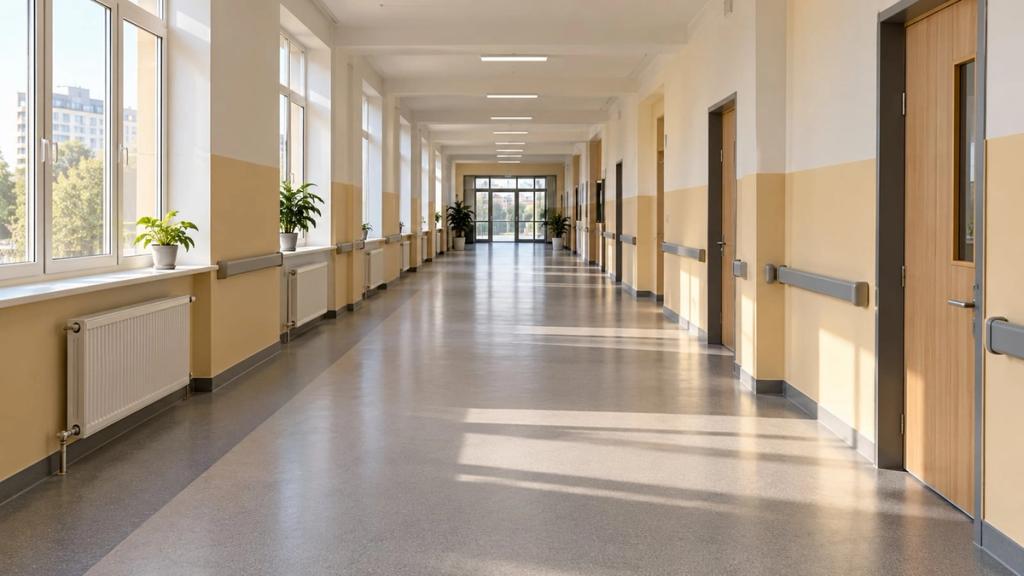 Təmir olunmuş məktəb dəhlizi: davamlı döşəmə, yeni qapılar