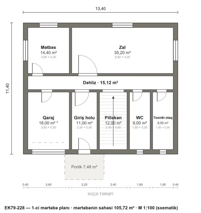 EK79-228 layihəsinin 1-ci mərtəbə planı — 105,72 m²