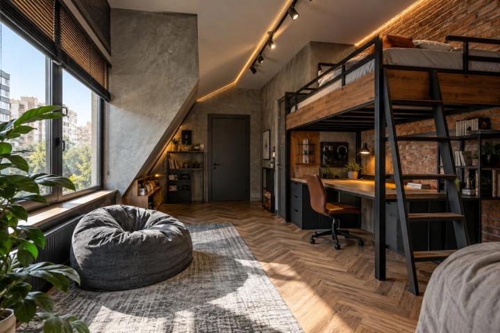 Loft üslubunda uşaq otağı (yaşayış kompleksində mənzil, gündüz işığı) — Standart təmir paketi, dizayn vizuallaşdırması