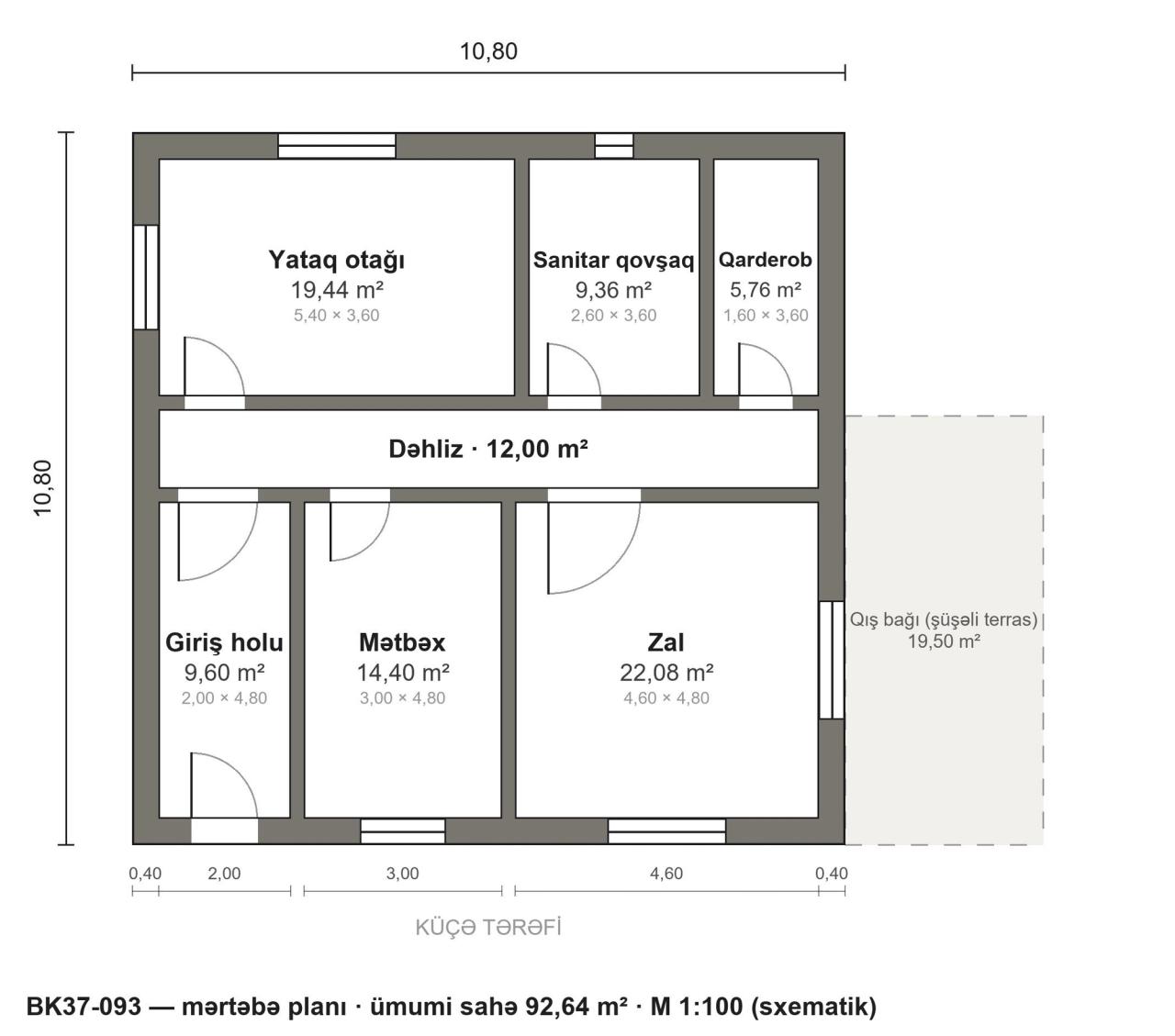 BK37-093 layihəsinin mərtəbə planı — 93 m², 1 yataq otağı