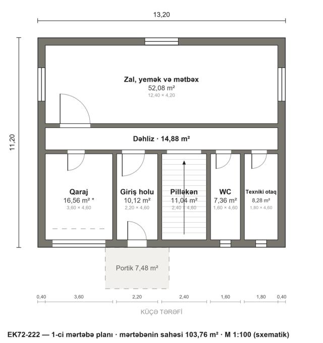 EK72-222 layihəsinin 1-ci mərtəbə planı — 103,76 m²