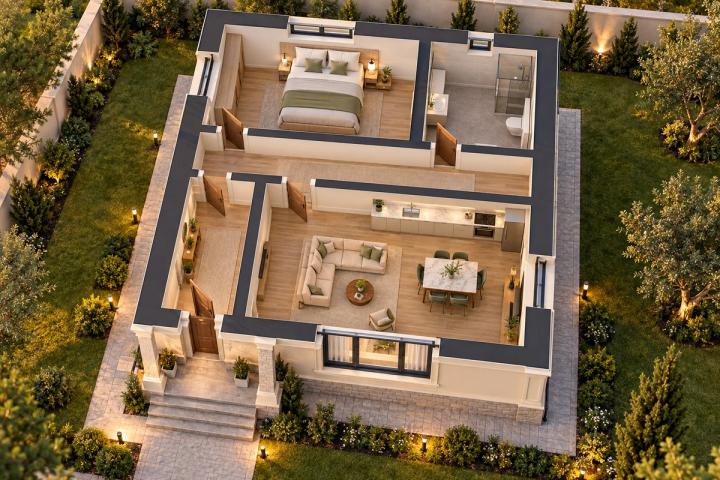 BK79-077 layihəsinin 3D kəsik planı — mebelli otaqlar, vizuallaşdırma