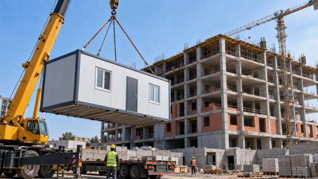 Kranla qaldırılan modul prefabrik bina və arxada kapital tikili