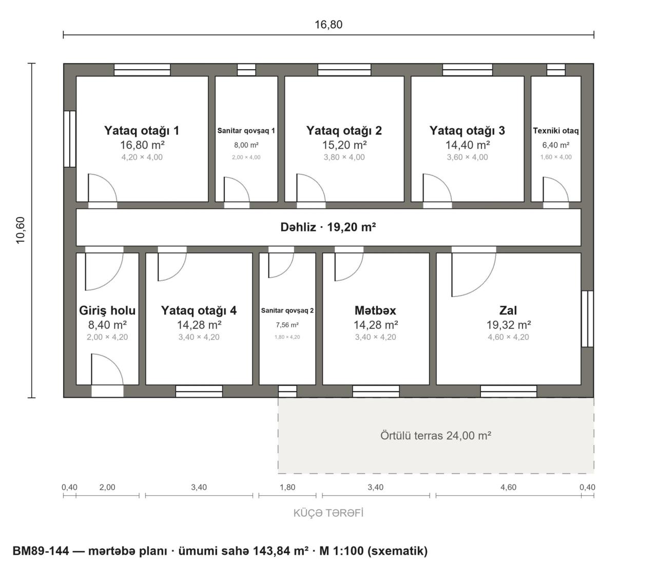 BM89-144 layihəsinin mərtəbə planı — 144 m², 4 yataq otağı