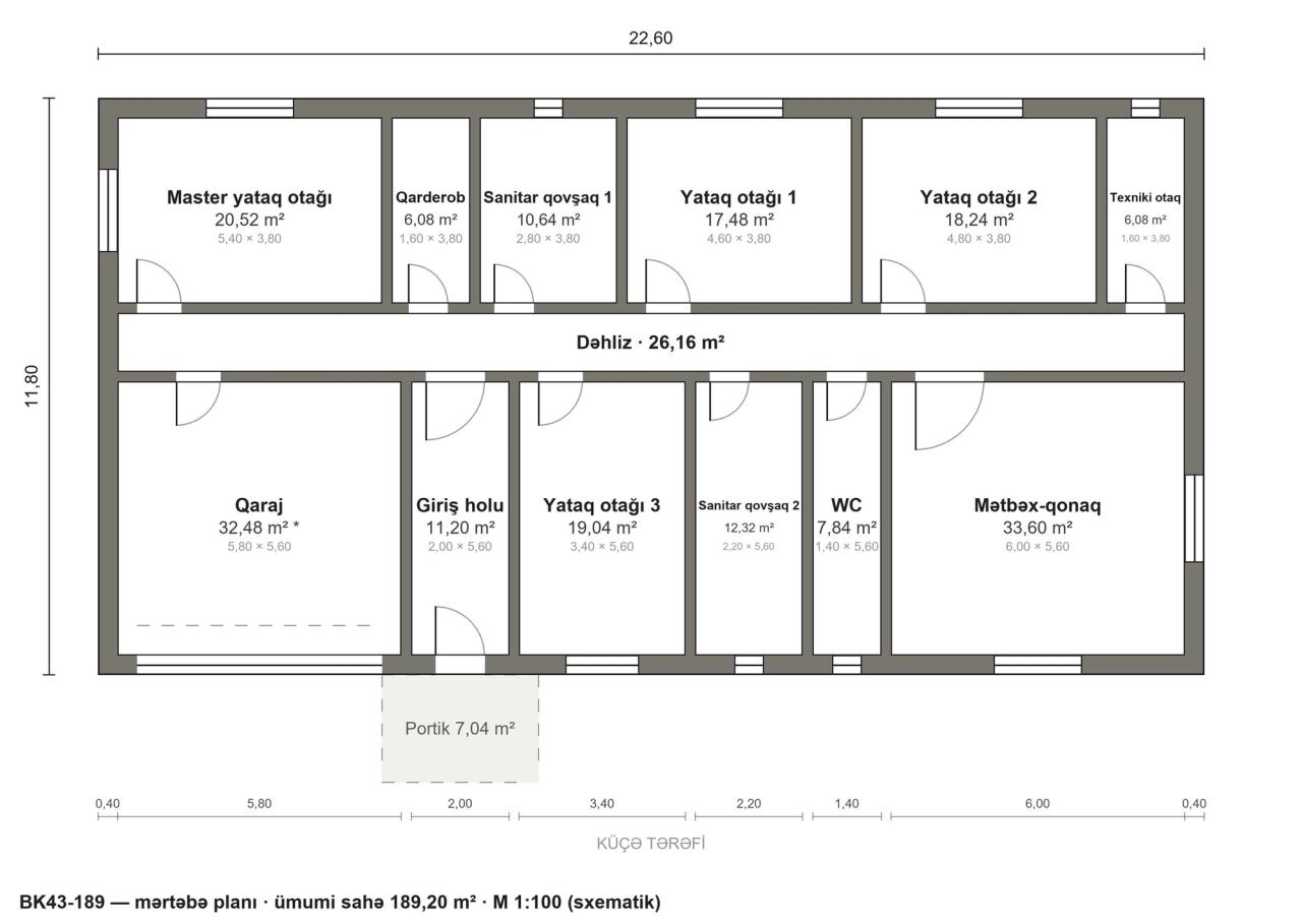 BK43-189 layihəsinin mərtəbə planı — 189 m², 4 yataq otağı