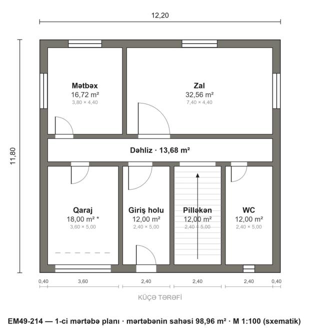 EM49-214 layihəsinin 1-ci mərtəbə planı — 98,96 m²