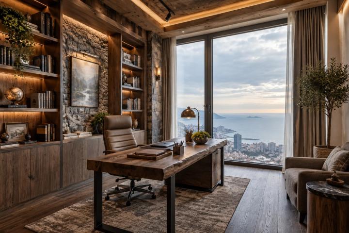 Şale üslubunda kabinet (penthaus, qış gündüzü) — Premium təmir paketi, dizayn vizuallaşdırması