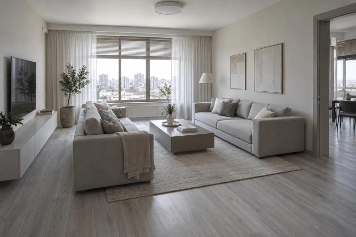 Minimalist üslubunda qonaq otağı (yeni tikili mənzil, qış gündüzü) — Ekonom təmir paketi, dizayn vizuallaşdırması