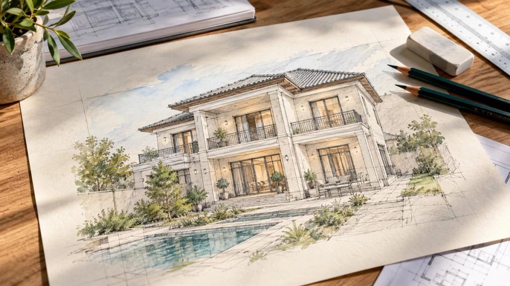 Karandaşla çəkilmiş ikimərtəbəli villa eskizi