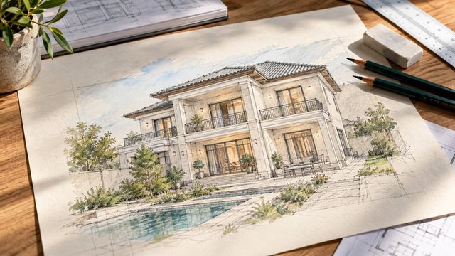 Karandaşla çəkilmiş ikimərtəbəli villa eskizi