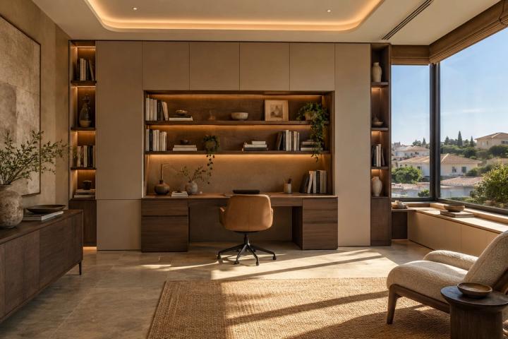 Japandi üslubunda kabinet (villa, gündüz işığı) — Premium təmir paketi, dizayn vizuallaşdırması