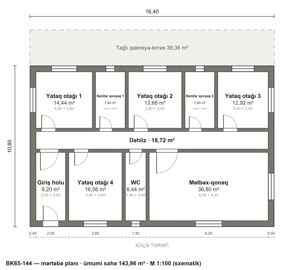 BK65-144 layihəsinin mərtəbə planı — 144 m², 4 yataq otağı