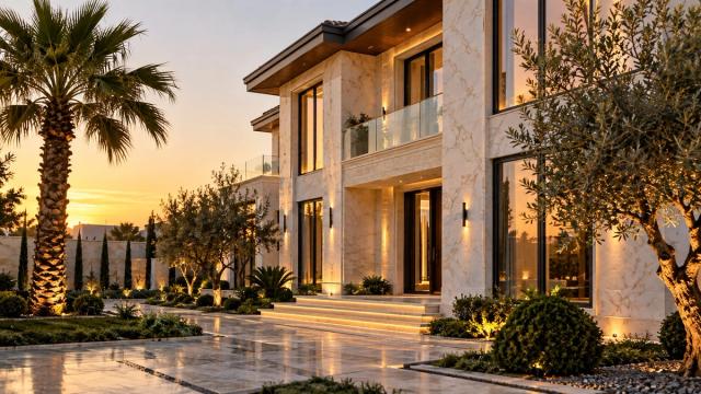 Açıq rəngli mərmərlə üzlənmiş villa fasadı