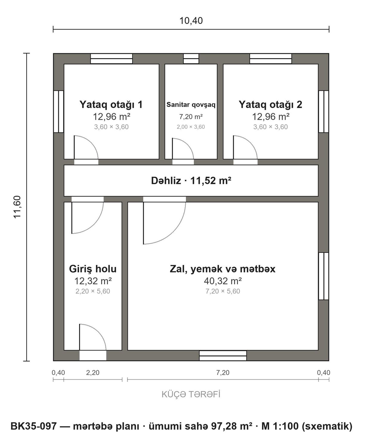 BK35-097 layihəsinin mərtəbə planı — 97 m², 2 yataq otağı