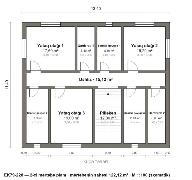 EK79-228 layihəsinin 2-ci mərtəbə planı — 3 yataq otağı
