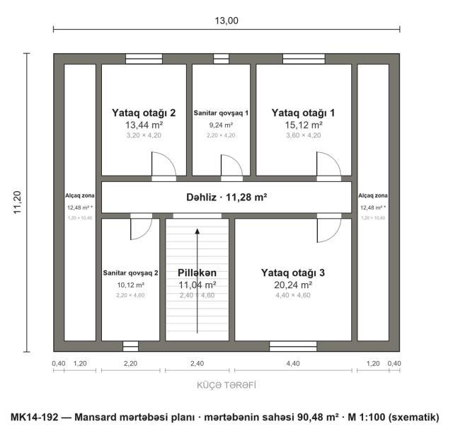 MK14-192 layihəsinin mansard mərtəbəsi planı — 3 yataq otağı