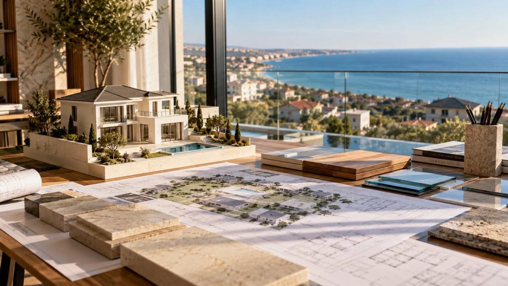 Memar masasında ağ villa maketi, sahə planı və material nümunələri