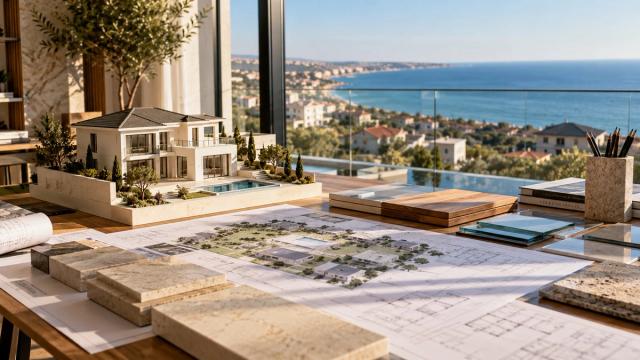 Memar masasında ağ villa maketi, sahə planı və material nümunələri