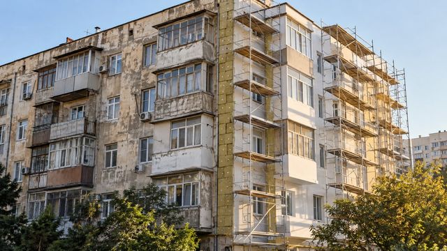 Köhnə yaşayış binası: yarısı köhnə fasad, yarısı yenilənmiş izolyasiyalı fasad