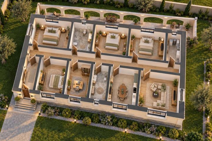 BK34-199 layihəsinin 3D kəsik planı — mebelli otaqlar, vizuallaşdırma