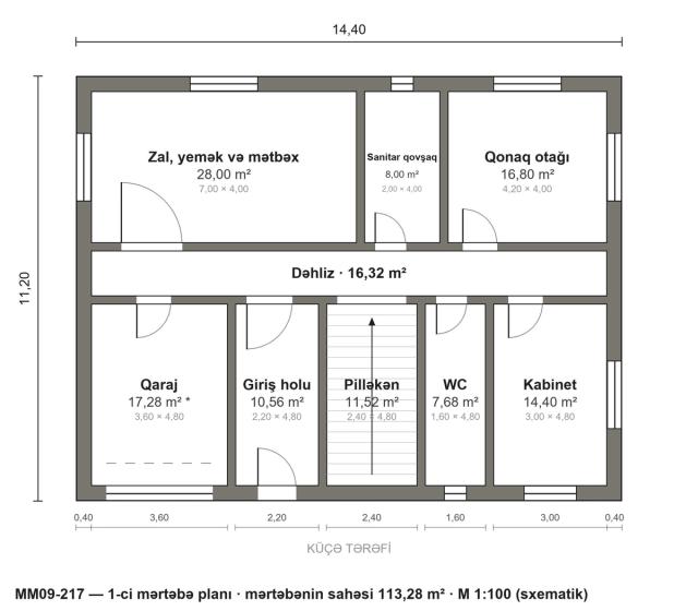 MM09-217 layihəsinin 1-ci mərtəbə planı — 113,28 m²