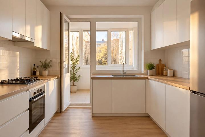 Minimalist üslubunda mətbəx (köhnə planlı mənzil, axşamüstü işıq) — Ekonom təmir paketi, dizayn vizuallaşdırması