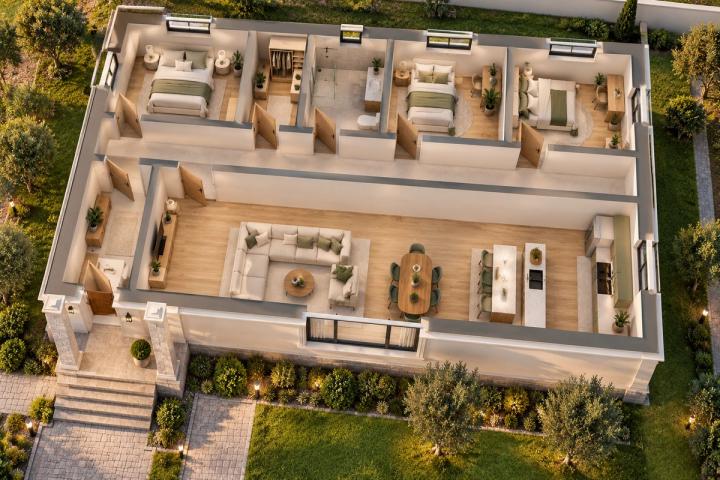 BK27-144 layihəsinin 3D kəsik planı — mebelli otaqlar, vizuallaşdırma