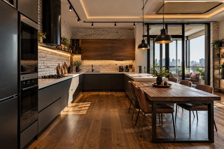 Loft üslubunda mətbəx (yeni tikili mənzil, gündüz işığı) — Premium təmir paketi, dizayn vizuallaşdırması