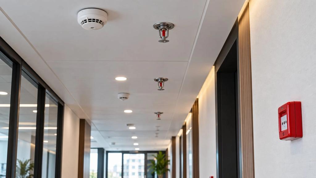 Ofis dəhlizinin tavanında tüstü detektorları və sprinklerlər