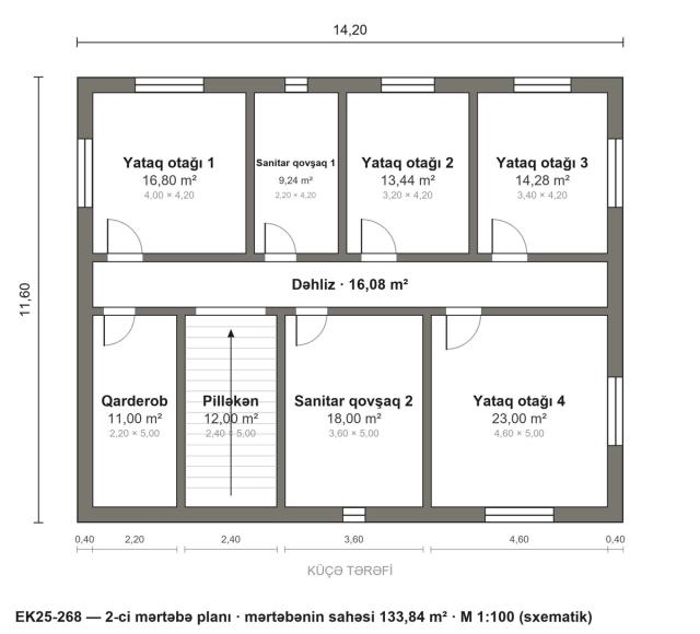 EK25-268 layihəsinin 2-ci mərtəbə planı — 4 yataq otağı