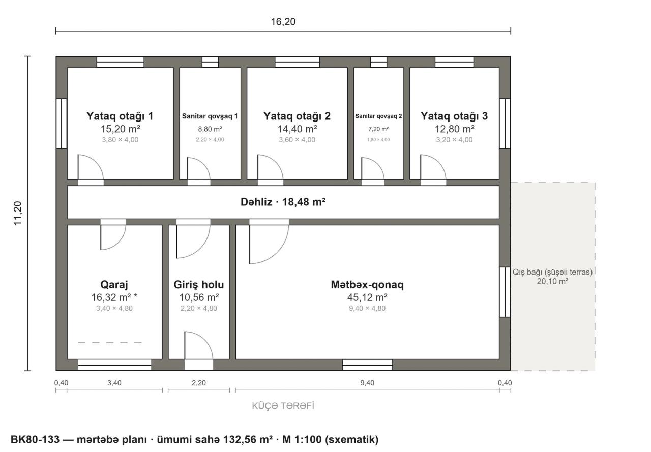 BK80-133 layihəsinin mərtəbə planı — 133 m², 3 yataq otağı