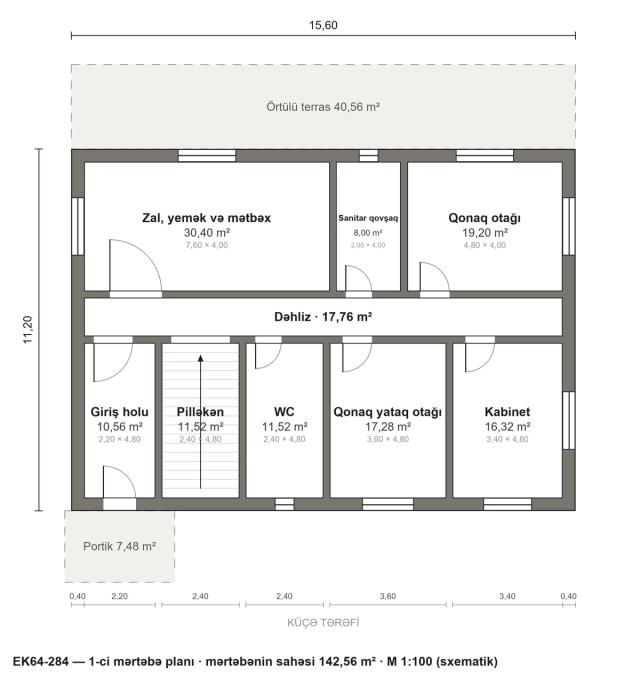 EK64-284 layihəsinin 1-ci mərtəbə planı — 142,56 m²