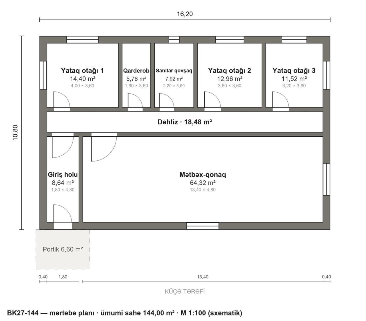 BK27-144 layihəsinin mərtəbə planı — 144 m², 3 yataq otağı