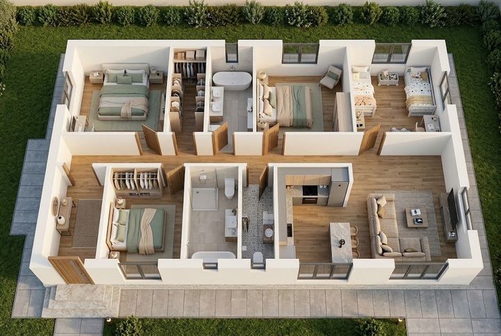 BM42-170 layihəsinin 3D kəsik planı — mebelli otaqlar, vizuallaşdırma