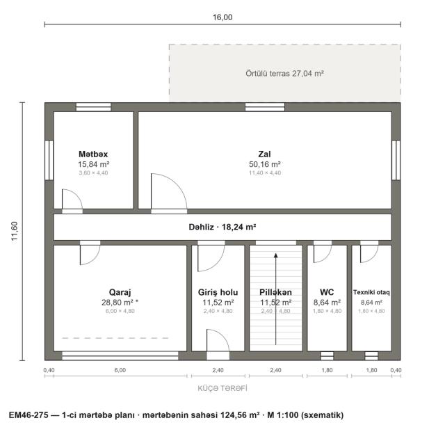 EM46-275 layihəsinin 1-ci mərtəbə planı — 124,56 m²