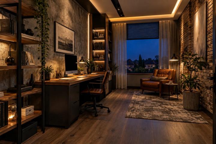 Loft üslubunda kabinet (villa, axşam, lampalar yanır) — Premium təmir paketi, dizayn vizuallaşdırması