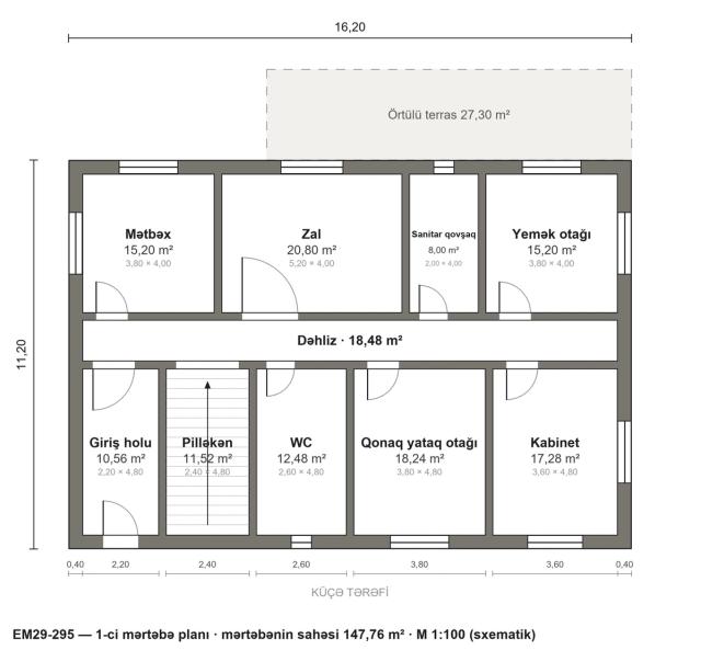 EM29-295 layihəsinin 1-ci mərtəbə planı — 147,76 m²