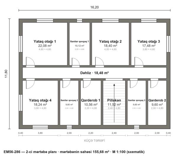 EM56-286 layihəsinin 2-ci mərtəbə planı — 4 yataq otağı