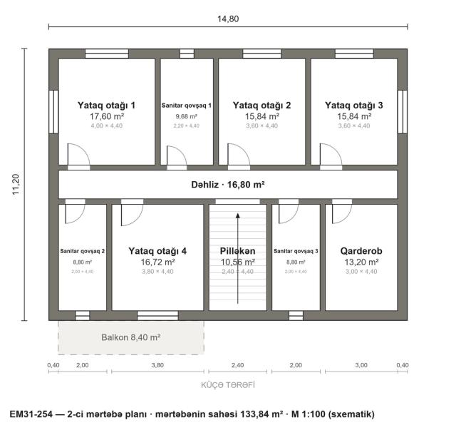 EM31-254 layihəsinin 2-ci mərtəbə planı — 4 yataq otağı