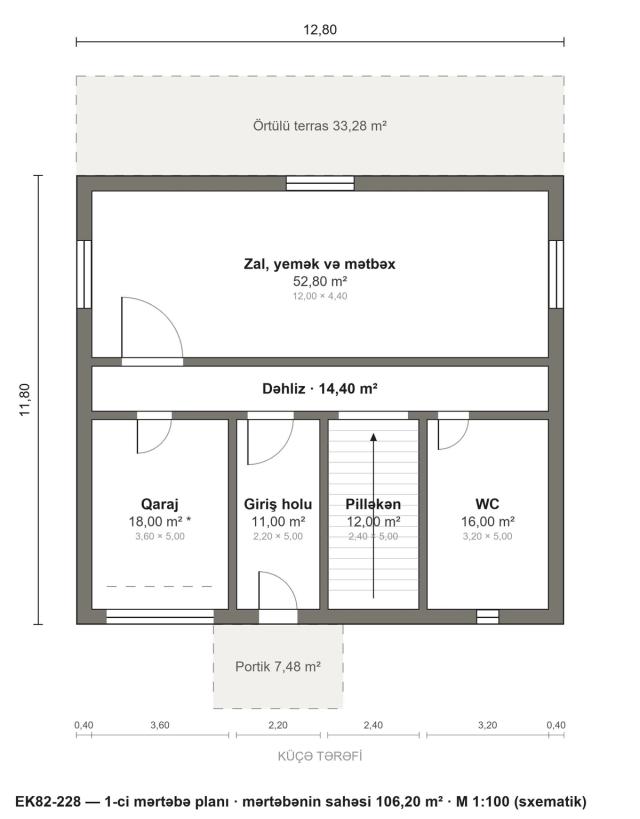 EK82-228 layihəsinin 1-ci mərtəbə planı — 106,20 m²